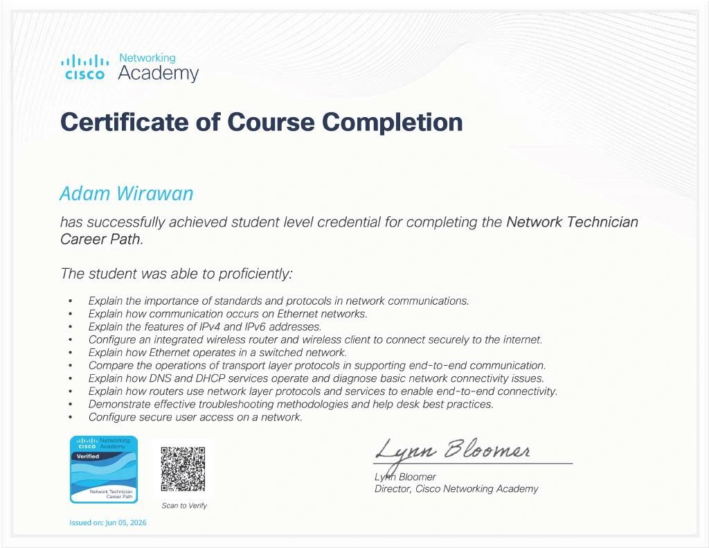 Network Technician Career Path for Adam Wirawan